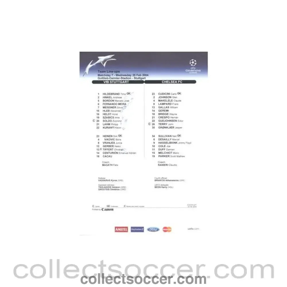 2004 - Stuttgart v Chelsea teamsheet 25/02/2004 Chamions League, written on - Collect Soccer
