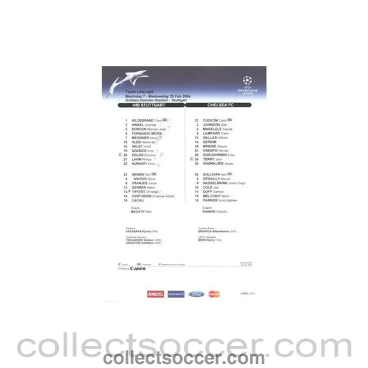 2004 - Stuttgart v Chelsea teamsheet 25/02/2004 Chamions League written on