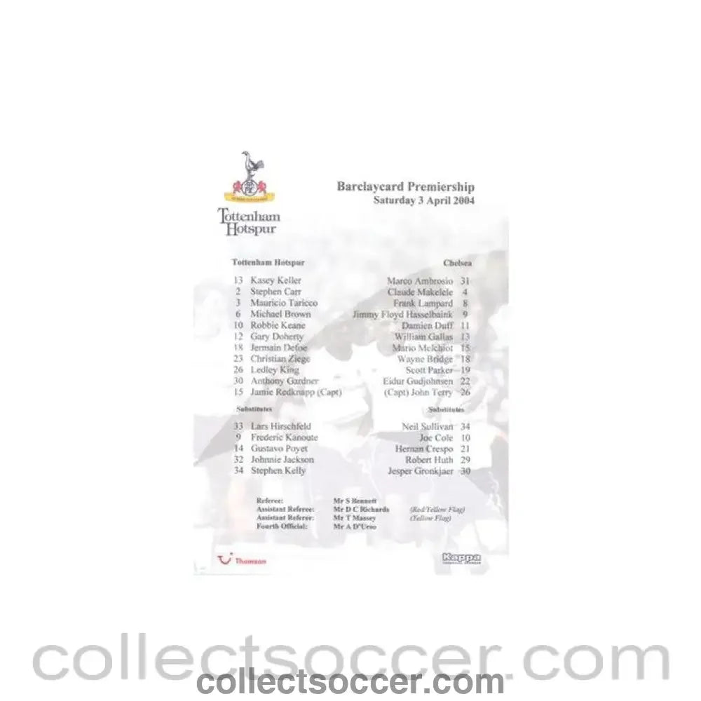 2004 - Tottenham Hotspur v Chelsea official colour teamsheet 03/04/2004 Premier League - Collect Soccer