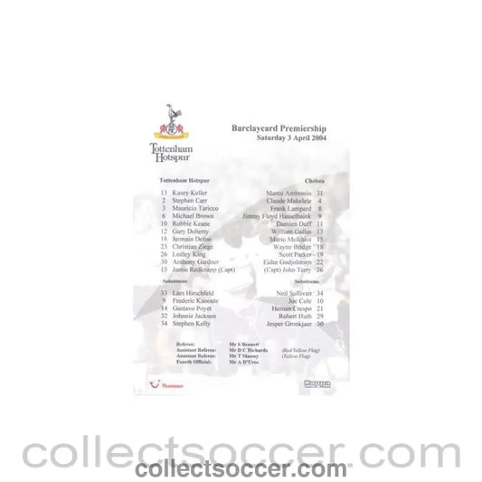 2004 - Tottenham Hotspur v Chelsea official colour teamsheet 03/04/2004 Premier League - Collect Soccer