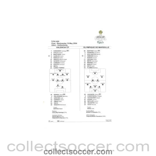2004 UEFA Cup Final Line-Ups Valencia v Olympique de Marseille