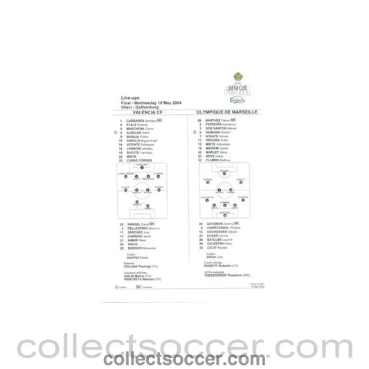 2004 UEFA Cup Final Valencia v Olympique de Marseille Line-Ups 19/05/2004