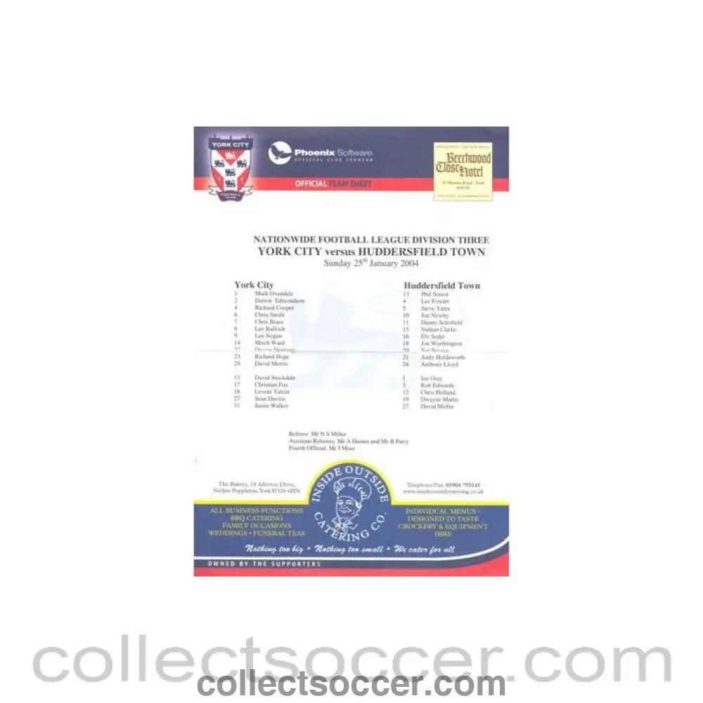2004 - York City v Huddersfield Town official colour teamsheet 25/01/2004 Football League - Collect Soccer
