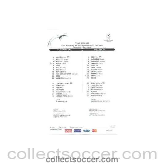 2005 - Barcelona v Chelsea teamsheet 23/02/2005