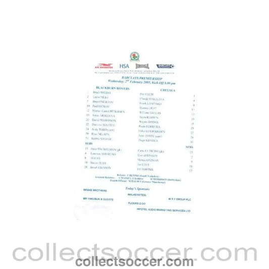 2005 - Blackburn Rovers v Chelsea teamsheet 02/02/2005 - Collect Soccer