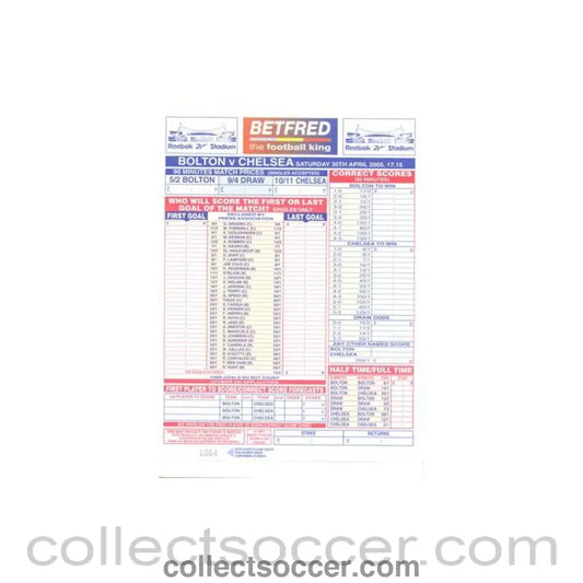 2005 - Bolton Wanderers v Chelsea betting slip 30/04/2005 - Collect Soccer