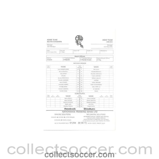 2005 - Bolton Wanderers v Chelsea official teamsheet 30/04/2005 - Collect Soccer