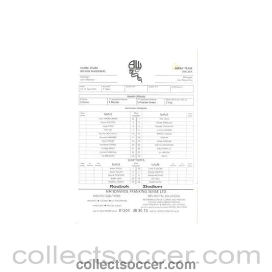 2005 - Bolton Wanderers v Chelsea official teamsheet 30/04/2005, reduced price - Collect Soccer