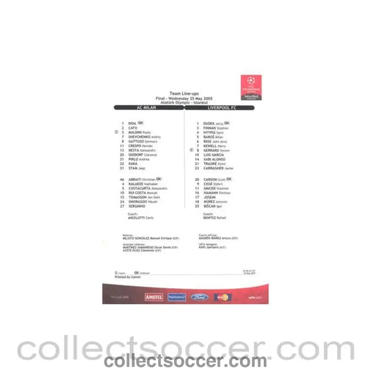 2005 Champions League Final Team Line-Ups Milan v Liverpool 25/05/2005 in Istanbul