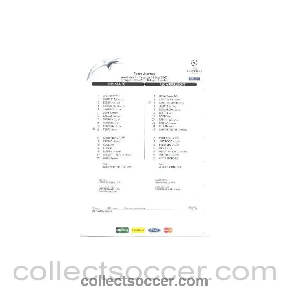 2005 - Chelsea v Anderlecht teamsheet 13/09/2005 - Collect Soccer