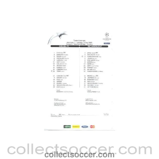 2005 - Chelsea v Anderlecht teamsheet 13/09/2005
