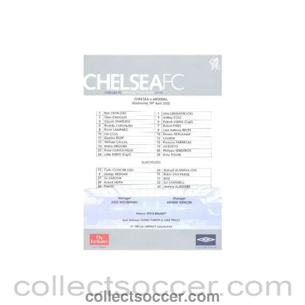 2005 - Chelsea v Arsenal official teamsheet 20/04/2005 - Collect Soccer