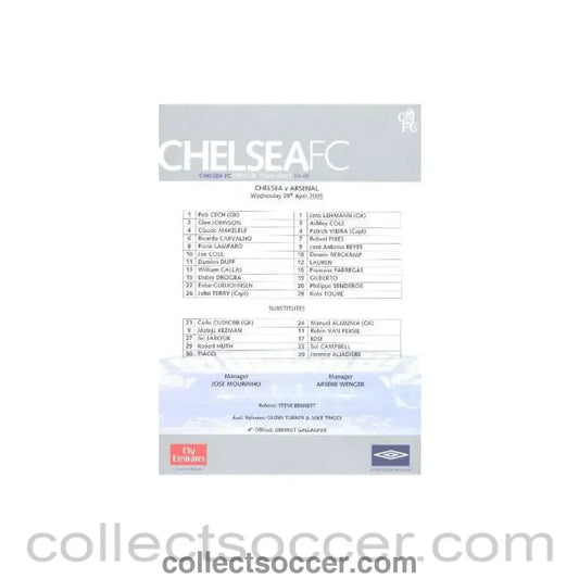 2005 - Chelsea v Arsenal official teamsheet 20/04/2005