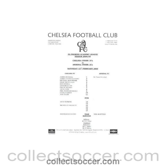 2005 - Chelsea v Arsenal U18 official programme 12/02/2005 FA Premier Academy League and U18 Fixtures - Collect Soccer