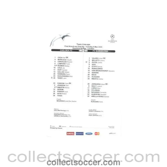 2005 - Chelsea v Barcelona official colour teamsheet 08/03/2005 Champions League