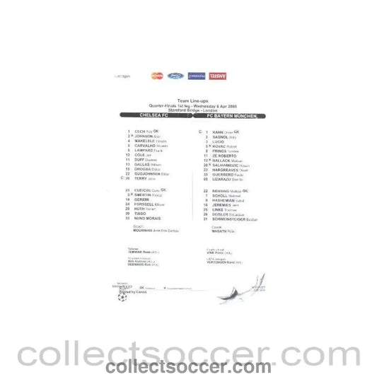 2005 - Chelsea v Bayern Munich official teamsheet 06/04/2005 - Collect Soccer