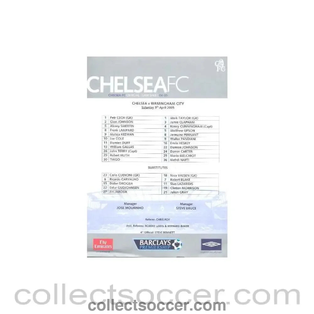2005 - Chelsea v Birmingham official teamsheet 09/04/2005