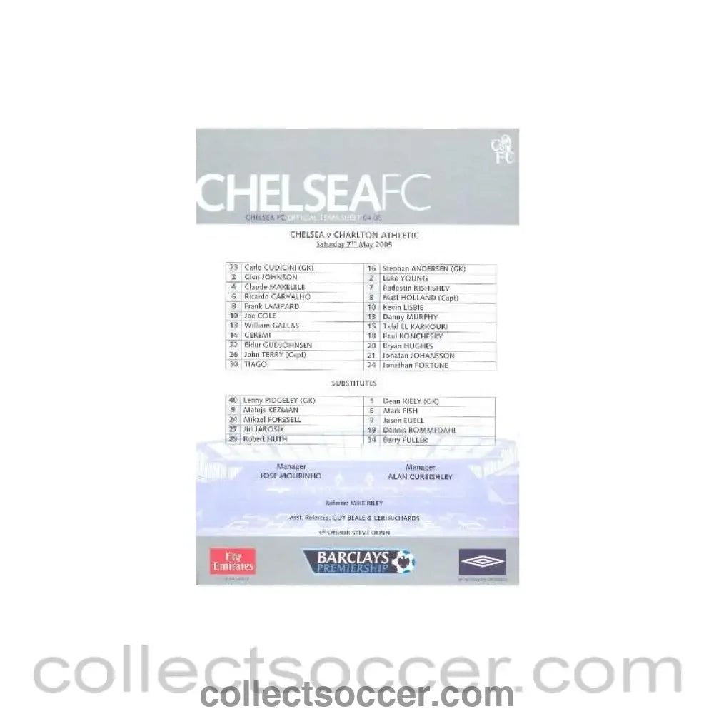 2005 - Chelsea v Charlton official teamsheet 07/05/2005 - Collect Soccer
