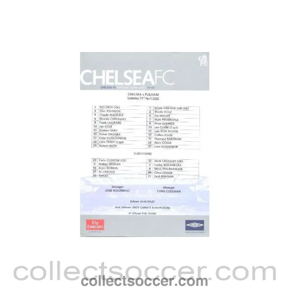 2005 - Chelsea v Fulham official teamsheet 23/04/2005 - Collect Soccer