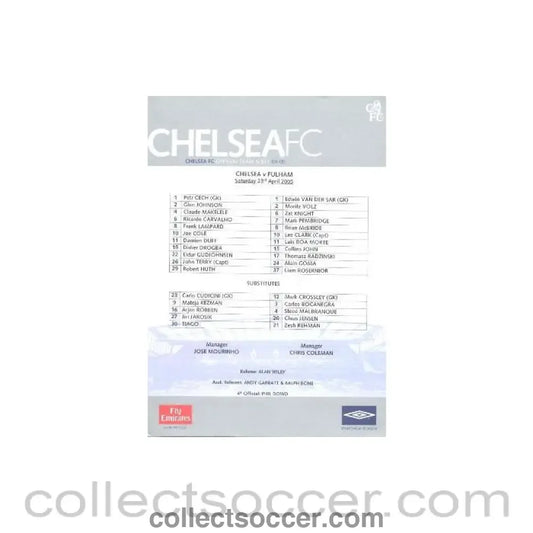 2005 - Chelsea v Fulham official teamsheet 23/04/2005