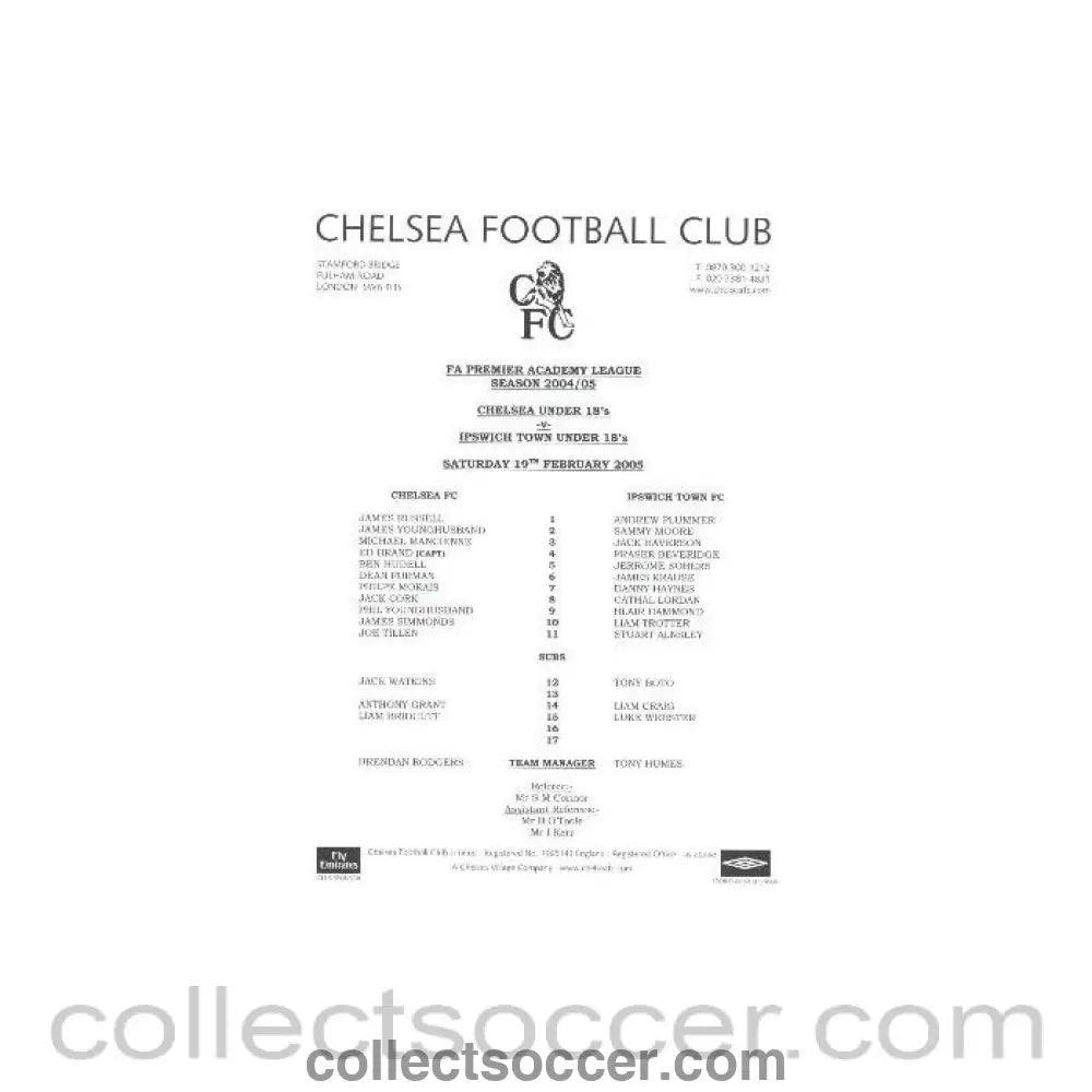 2005 - Chelsea v Ipswich Town U18 official programme 19/02/2005 FA Premier Academy League and U18 Fixtures - Collect Soccer