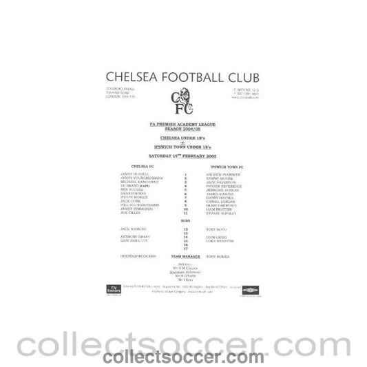 2005 - Chelsea v Ipswich Town U18 official programme 19/02/2005 FA Premier Academy League and U18 Fixtures