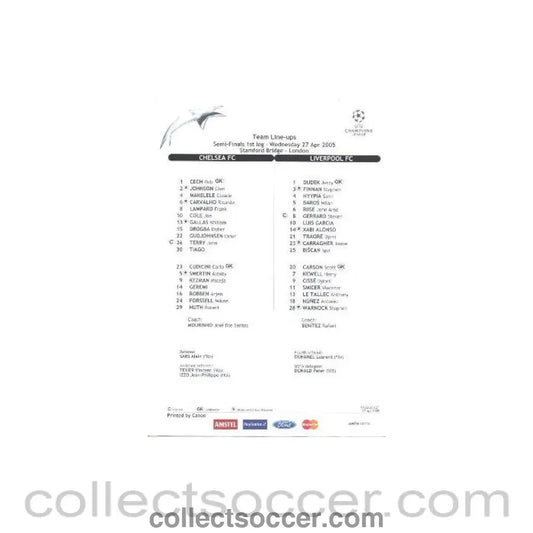 2005 - Chelsea v Liverpool official teamsheet 27/04/2005