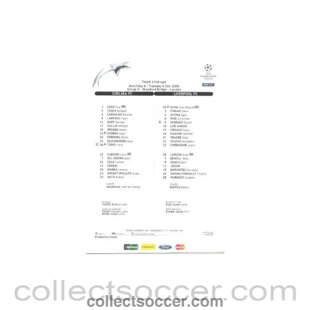 2005 - Chelsea v Liverpool Team Line-ups 06/12/2005 Champions League
