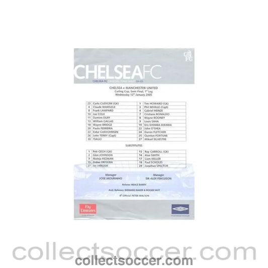 2005 - Chelsea v Manchester United official colour teamsheet 12/01/2005 Carling Cup Semi - Final 1st Leg - Collect Soccer