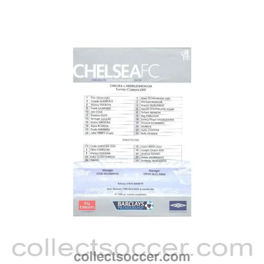 2005 - Chelsea v Middlesbrough official teamsheet 04/01/2005