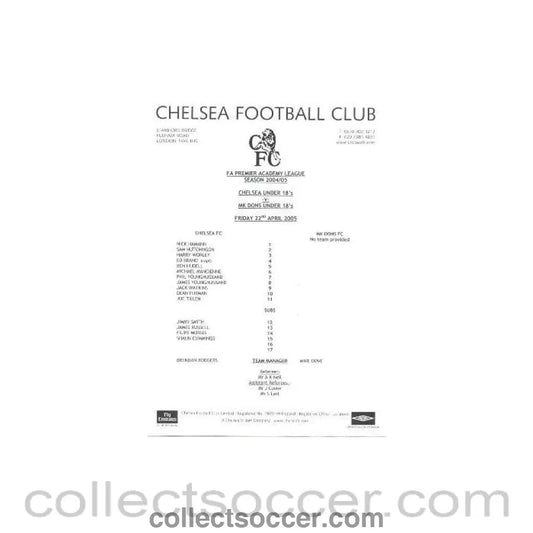 2005 - Chelsea v MK Dons U18 official programme 22/04/2005 FA Premier Academy League and U18 Fixtures - Collect Soccer