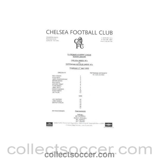 2005 - Chelsea v Tottenham Hotspur U18 official programme 05/05/2005 FA Premier Academy League and U18 Fixtures - Collect Soccer