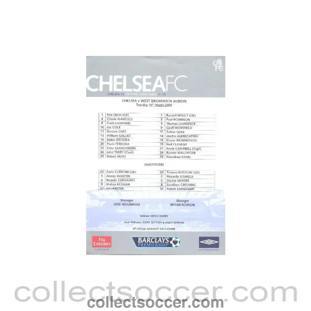 2005 - Chelsea v West Bromwich Albion official teamsheet 15/03/2005