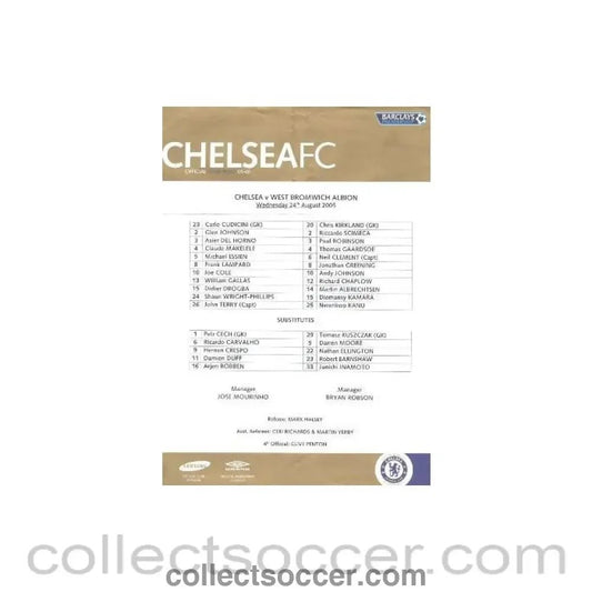 2005 - Chelsea v West Bromwich Albion teamsheet 24/08/2005 - Collect Soccer