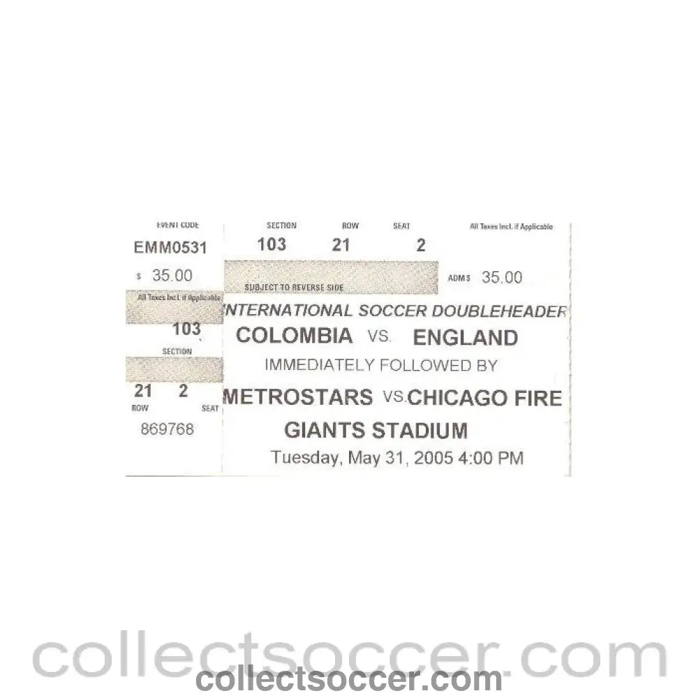 2005 - Colombia v England ticket 31/05/2005 - Collect Soccer