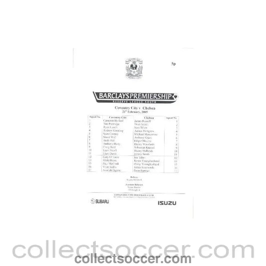 2005 - Coventry City v Chelsea official teamsheet 21/02/2005 - Collect Soccer
