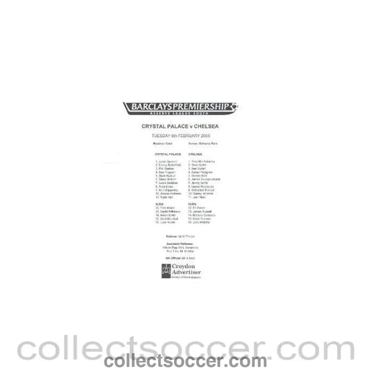 2005 - Crystal Palace v Chelsea official teamsheet 08/02/2005 - Collect Soccer