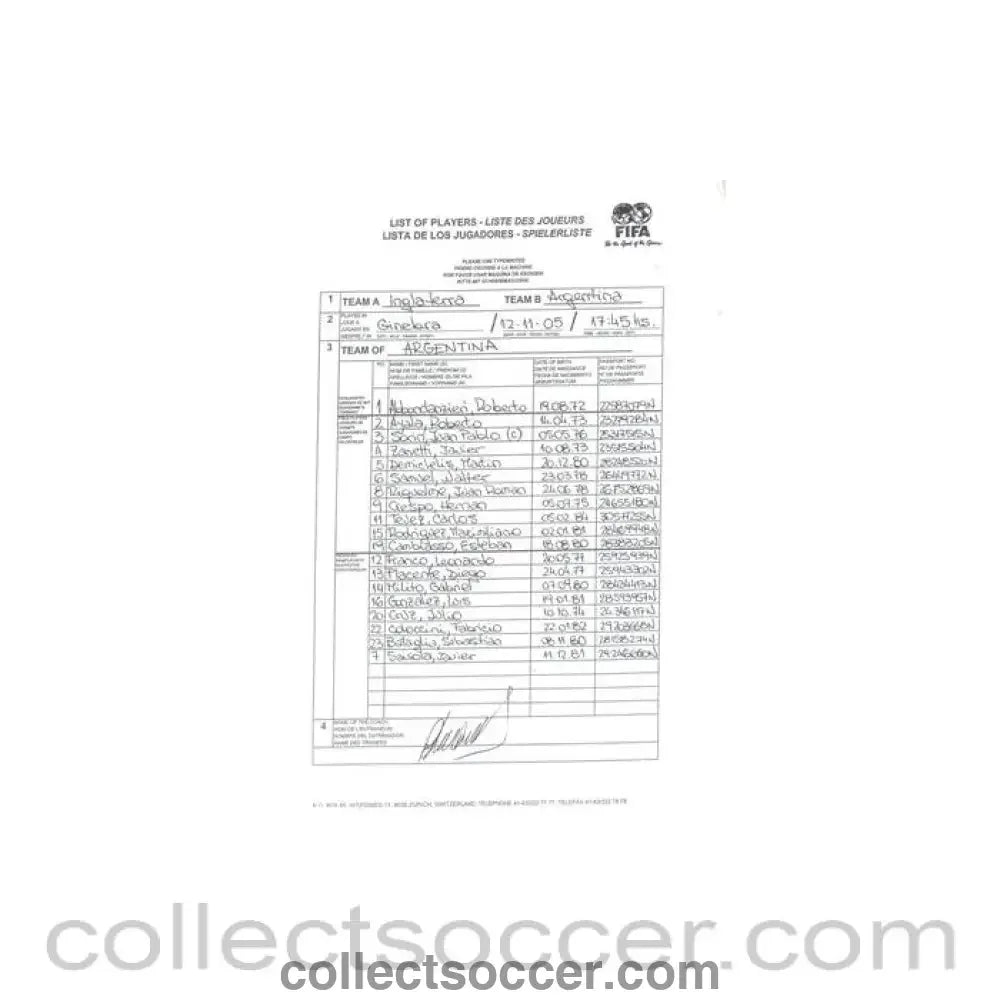 2005 - England v Argentina - Argentina Team official handwritten teamsheet 12/11/2005 - Collect Soccer