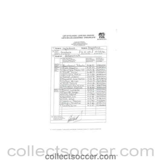 2005 - England v Argentina - Argentina Team official handwritten teamsheet 12/11/2005 - Collect Soccer