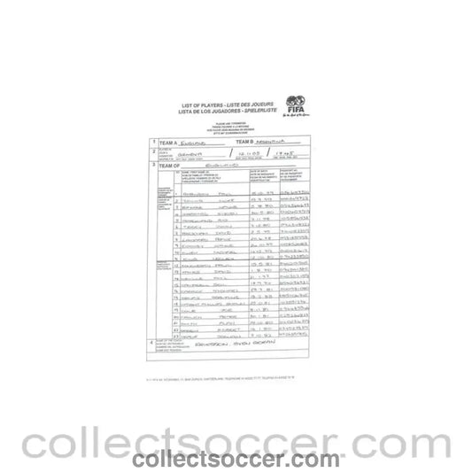 2005 - England v Argentina - England Team official handwritten teamsheet 12/11/2005 - Collect Soccer