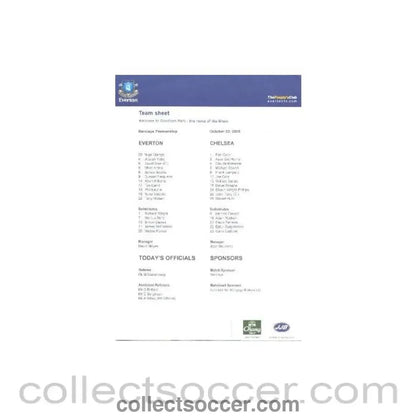 2005 - Everton v Chelsea official colour teamsheet 23/10/2005 Barclays Premiership - Collect Soccer