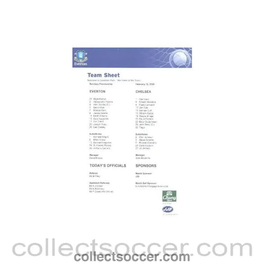 2005 - Everton v Chelsea official teamsheet 12/02/2005 Barclays Premiership match