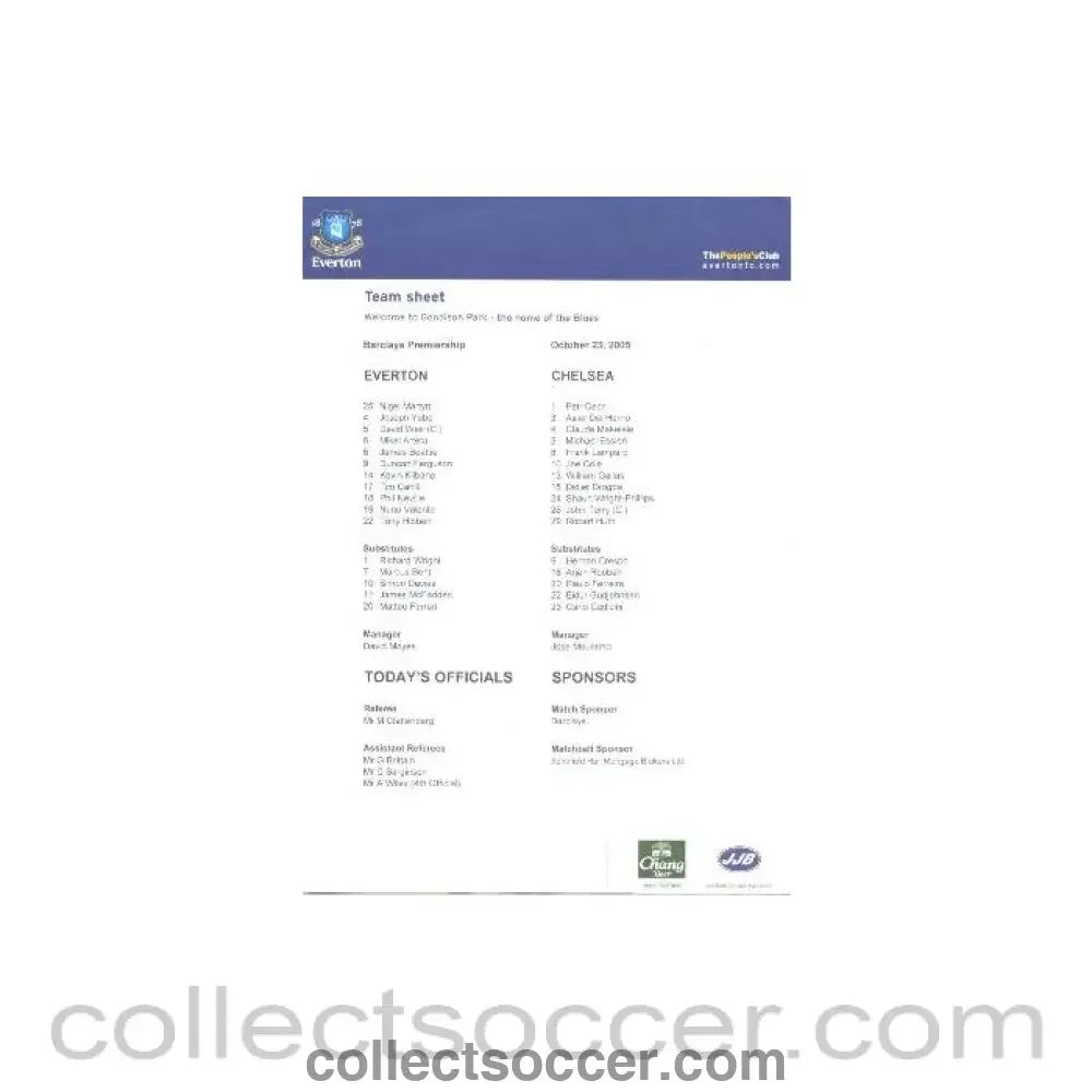 2005 - Everton v Chelsea official teamsheet 23/10/2005