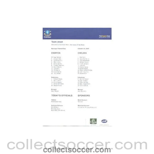 2005 - Everton v Chelsea official teamsheet 23/10/2005