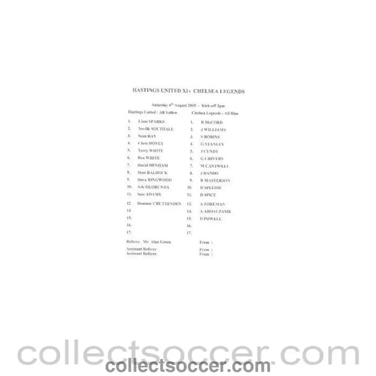 2005 - Hastings United XI v Chelsea Legends teamsheet 06/08/2005