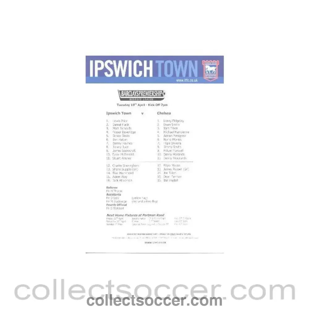 2005 - Ipswich Town v Chelsea teamsheet 19/04/2005