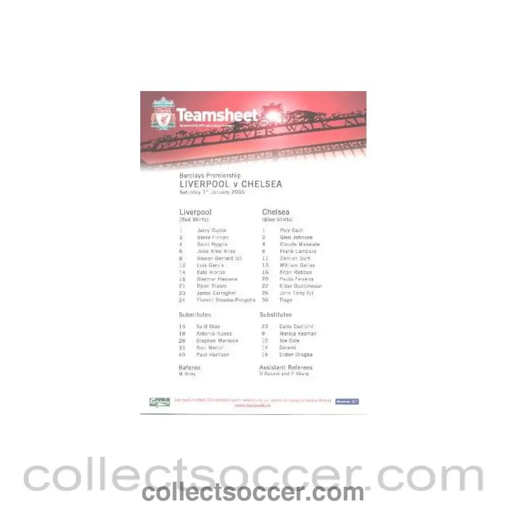 2005 - Liverpool v Chelsea official teamsheet 01/01/2005 Barclays Premiership match