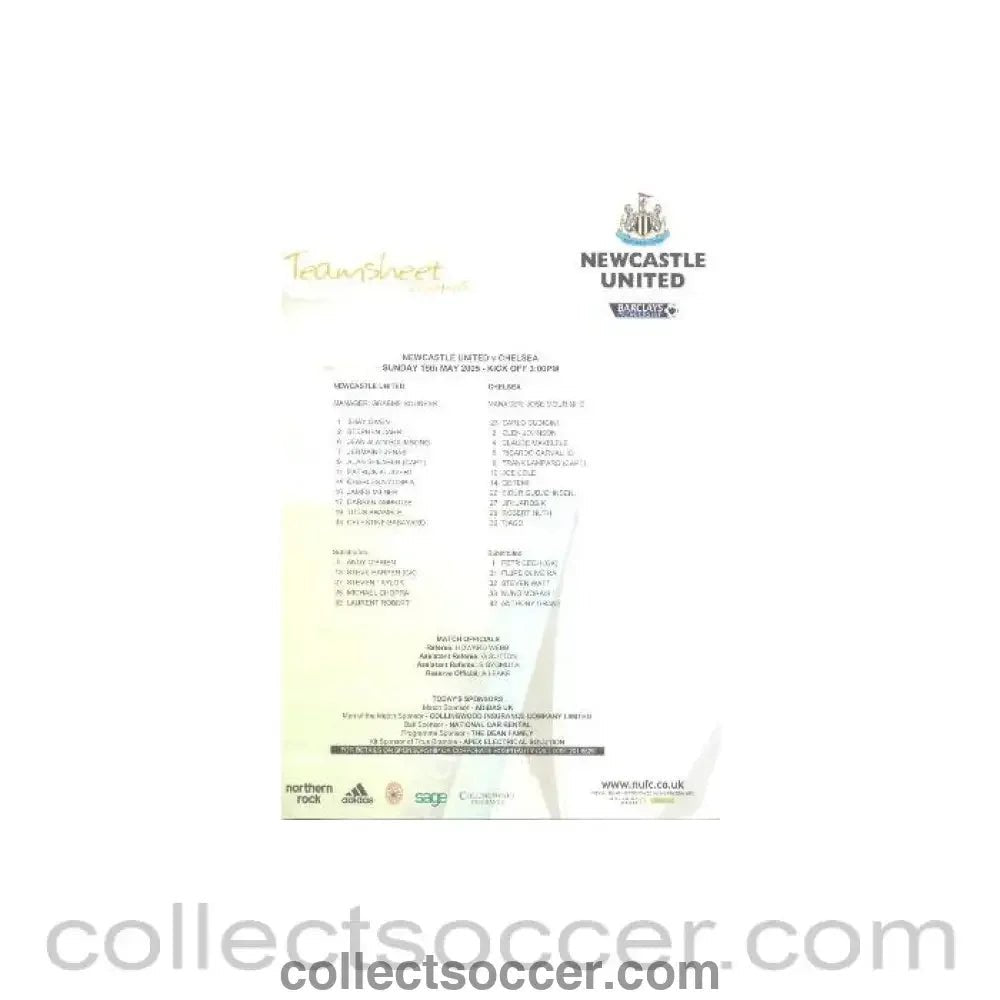 2005 - Newcastle v Chelsea teamsheet 15/05/2005 - Collect Soccer