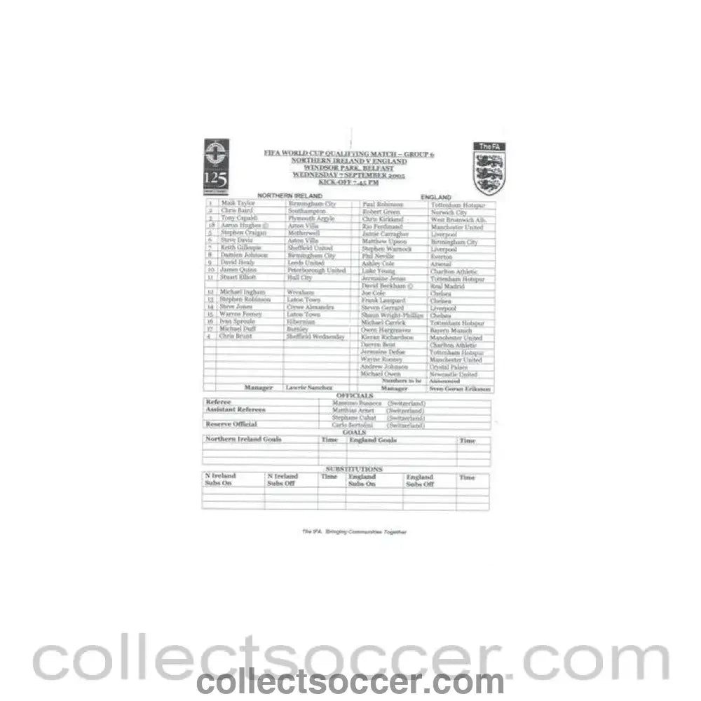 2005 - Northern Ireland v England official teamsheet 07/09/2005 World Cup 2006 Qualifier - Collect Soccer