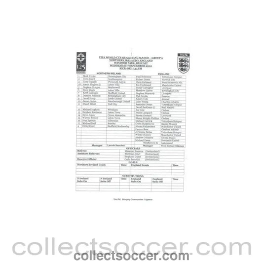 2005 - Northern Ireland v England official teamsheet 07/09/2005 World Cup 2006 Qualifier